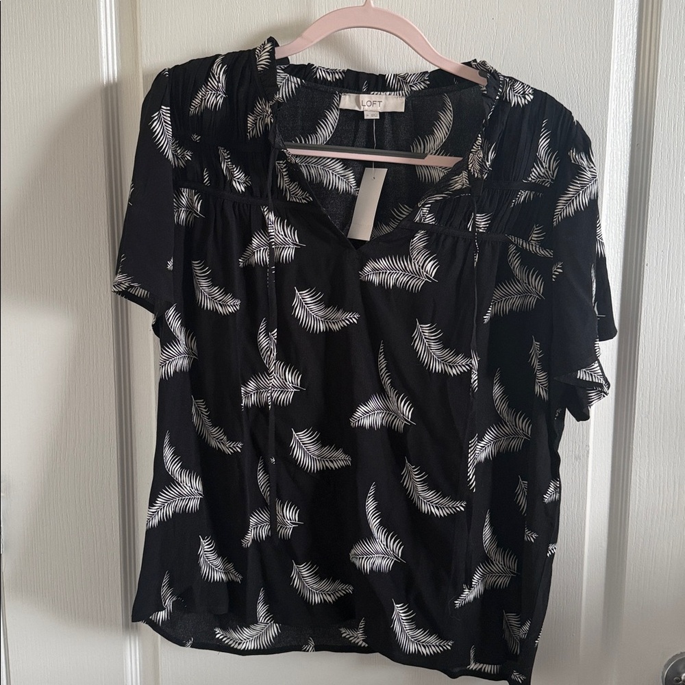 LOFT Black Blouse with White Leaf Pattern